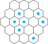 A regular hexagonal grid with 7 cells selected